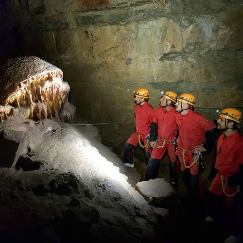 speleologie-aventure-les-vans-ardeche-ben-aven-tour-3 groupe de spéléologie en train d'admirer une concession qui ressemble à une méduse dans une grotte d'ardèche